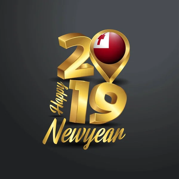 Szczęśliwego Nowego Roku 2019 Typografii Golden Flaga Tonga Pinezkę Wzór — Wektor stockowy