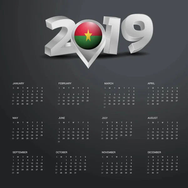 Modello Calendario 2019 Tipografia Grigia Con Burkina Faso Mappa Paese — Vettoriale Stock