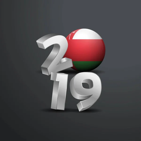オマーンの国旗と 2019年グレー文字の体裁 新年あけましておめでとうございますレタリング — ストックベクタ