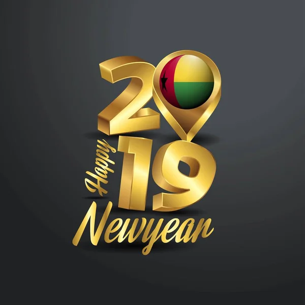 ギニア ギニアビサウ フラグの場所のピンと幸せな新年 2019年ゴールデン タイポグラフィ国の旗のデザイン — ストックベクタ