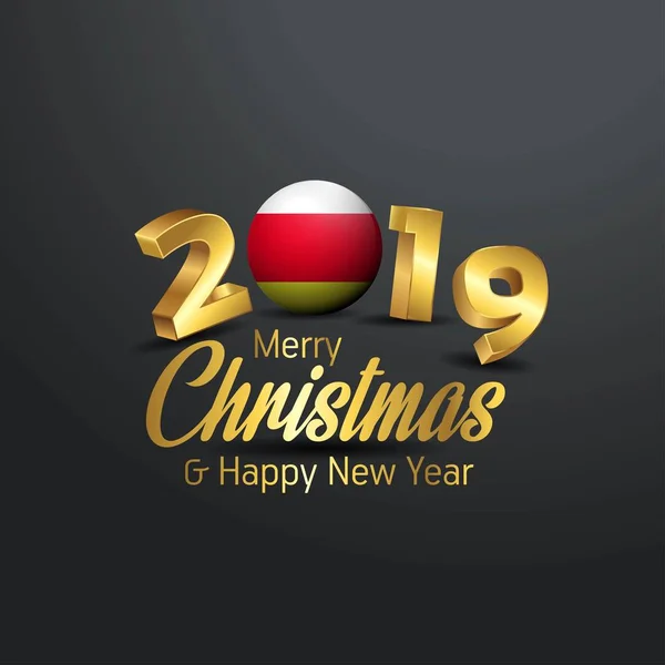 北オセチア共和国旗 2019年メリー クリスマス タイポグラフィ 正月抽象的な背景 — ストックベクタ