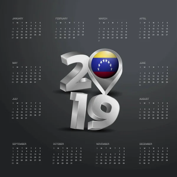 2019 Szablon Kalendarza Szary Typografii Wenezueli Kraju Mapa Złote Typografii — Wektor stockowy