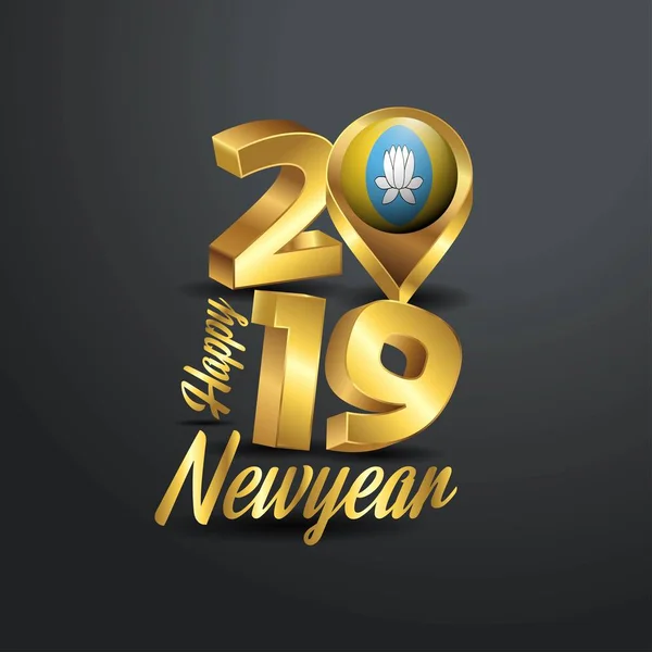 Feliz Año Nuevo 2019 Tipografía Oro Con Bandera Kalmykia Localización — Archivo Imágenes Vectoriales