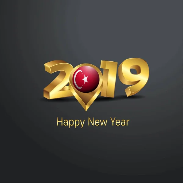 Gelukkig Nieuwjaar 2019 Golden Typografie Met Turkije Vlag Locatie Pin — Stockvector