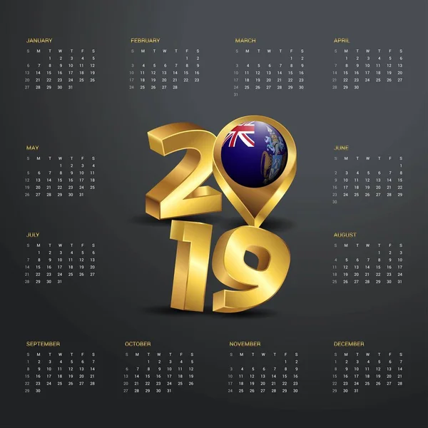 2019 カレンダー テンプレートです トリスタン クーニャ国地図黄金タイポグラフィ ヘッダーと黄金のタイポグラフィ — ストックベクタ