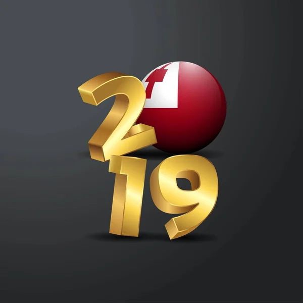 2019 Arany Tipográfia Tonga Zászló Happy New Year Felirat — Stock Vector