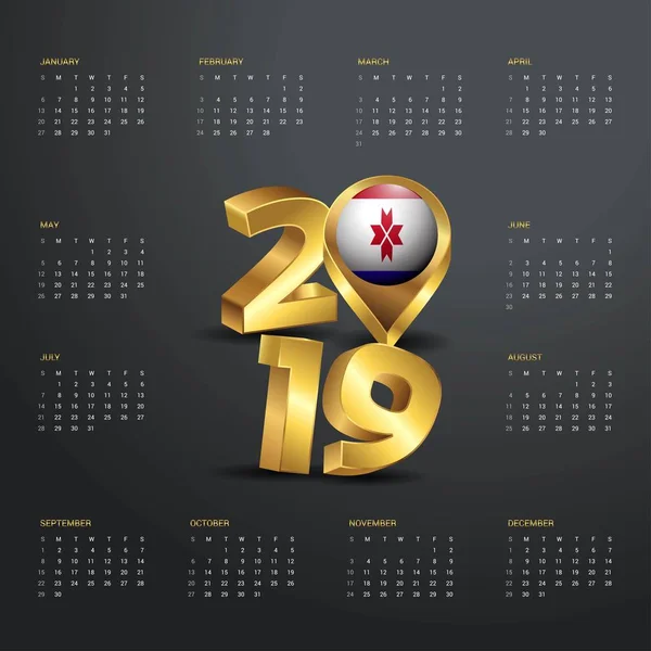 Plantilla Calendario 2019 Tipografía Dorada Con Mordovia Mapa Del País — Vector de stock
