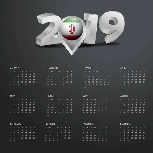 2019 Kalendersjabloon Grijze Typografie Met Iran Land Kaart Gouden Typografie — Stockvector