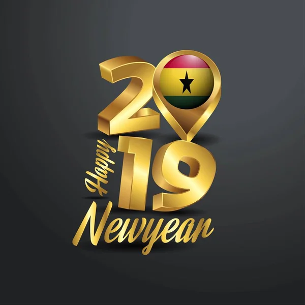 Felice Anno Nuovo 2019 Tipografia Oro Con Bandiera Del Ghana — Vettoriale Stock