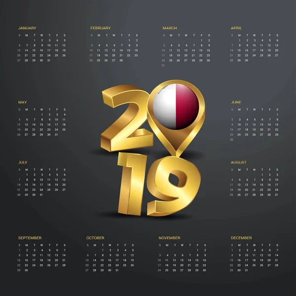Plantilla Calendario 2019 Tipografía Dorada Con Malta Mapa Del País — Vector de stock