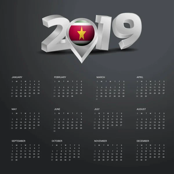 Modello Calendario 2019 Tipografia Grigia Con Mappa Del Suriname Intestazione — Vettoriale Stock