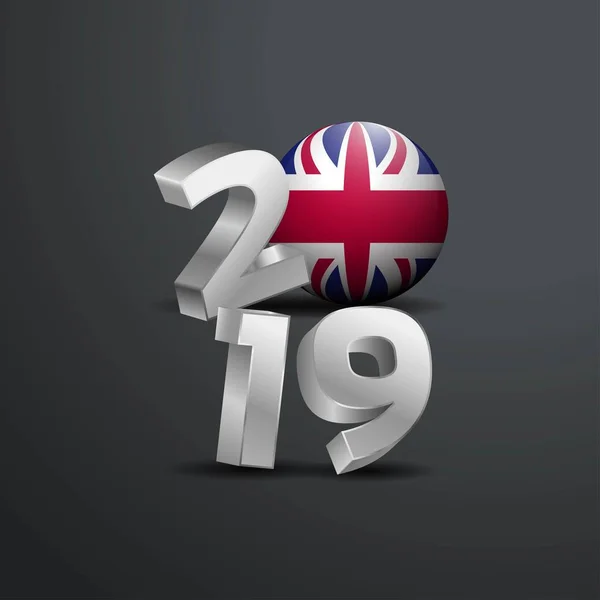 2019 Γκρι Επισήμανση Σημαία Ηνωμένου Βασιλείου Ευτυχισμένο Νέο Έτος Γράμματα — Διανυσματικό Αρχείο