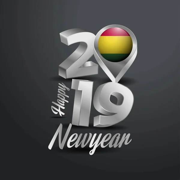 Ευτυχισμένο Νέο Έτος 2019 Τυπογραφία Γκρι Σημαία Βολιβίας Καρφίτσα Της — Διανυσματικό Αρχείο