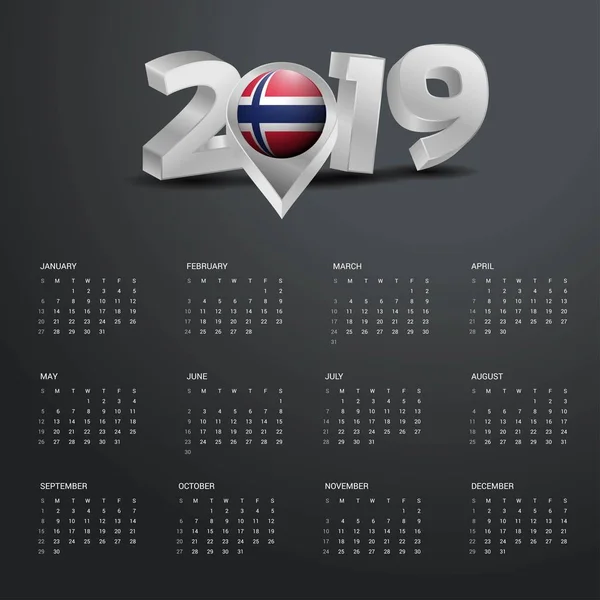 2019 Szablon Kalendarza Szary Typografii Norwegia Kraj Mapa Złote Typografii — Wektor stockowy
