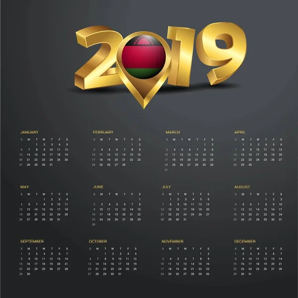 2019 Szablon Kalendarza Malawi Kraju Mapa Złote Typografii Nagłówka — Wektor stockowy
