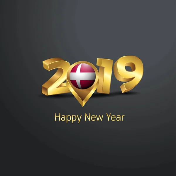 Happy New Year 2019 Golden Typography Denmark Flag Location Pin — Stock Vector