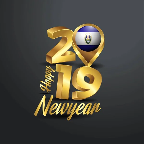 Gott Nytt 2019 Golden Typografi Med Salvador Flagga Läge Pin — Stock vektor