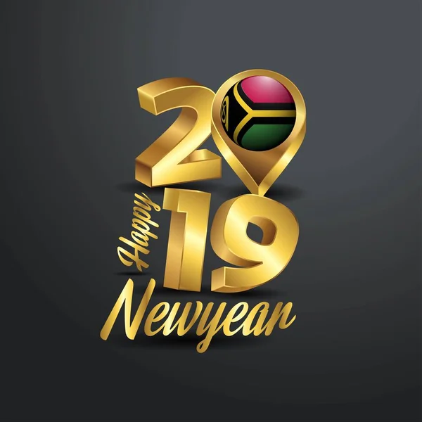 Gelukkig Nieuwjaar 2019 Golden Typografie Met Vanuatu Vlag Locatie Pin — Stockvector