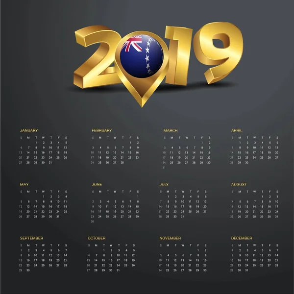 Modelo Calendário 2019 Ilhas Cook Mapa País Golden Typography Header — Vetor de Stock