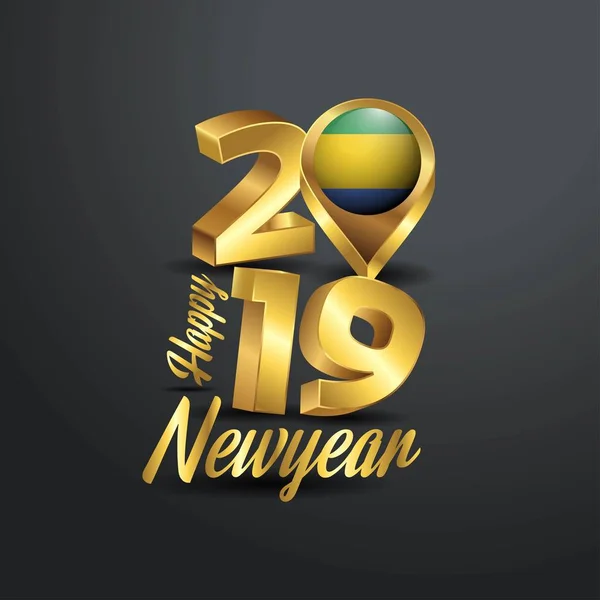 Bonne Année 2019 Golden Typography Gabon Flag Location Pin Pays — Image vectorielle