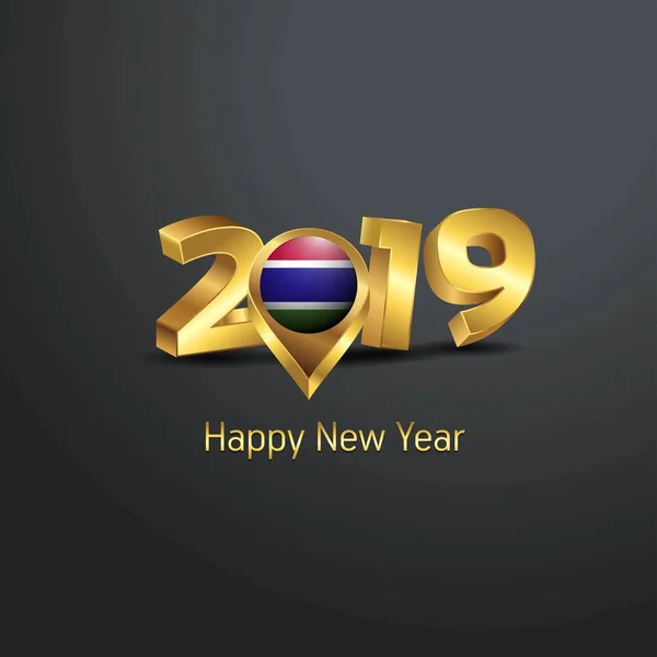 Щасливого Нового Року 2019 Золотий Типографіки Прапор Гамбії Розташування Pin — стоковий вектор
