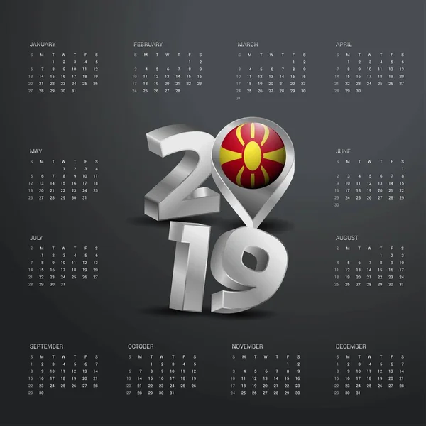 2019年日历模板 灰色版式与马其顿国家地图黄金版式标题 — 图库矢量图片
