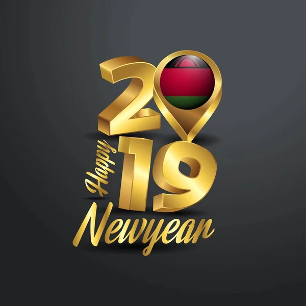 Szczęśliwego Nowego Roku 2019 Typografii Golden Malawi Flaga Pinezkę Wzór — Wektor stockowy