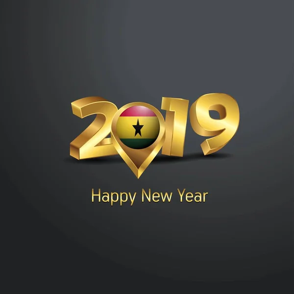 Щасливого Нового Року 2019 Золотий Типографіки Гани Прапор Розташування Pin — стоковий вектор