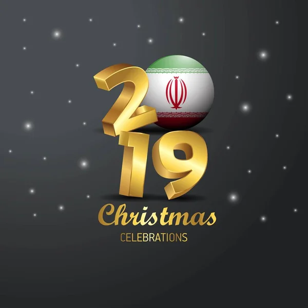 イラン国旗 2019年メリー クリスマス タイポグラフィ 正月抽象的な背景 — ストックベクタ