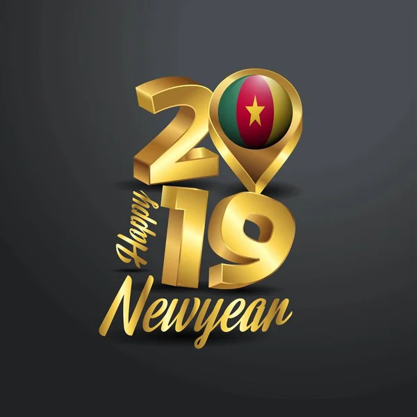 Šťastný Nový Rok 2019 Golden Typografie Pin Kamerun Umístění Vlajky — Stockový vektor