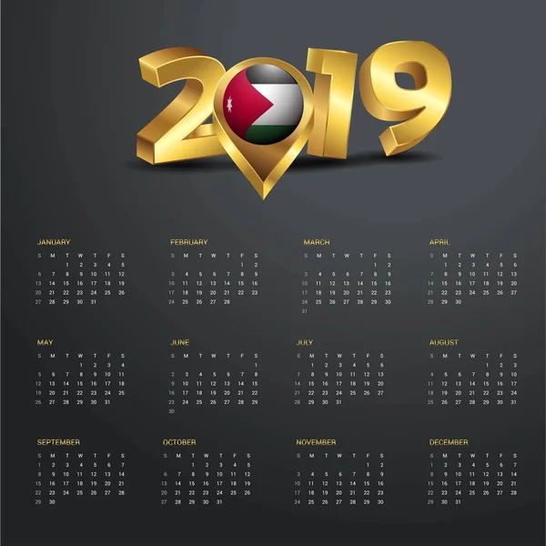 2019 Kalendermall Jordan Country Karta Golden Typografi Header — Stock vektor