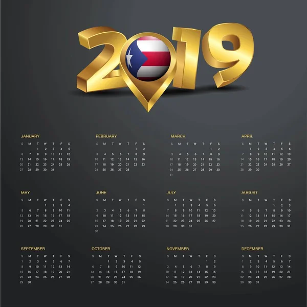 2019 Kalendermall Puerto Rico Land Karta Golden Typografi Header — Stock vektor