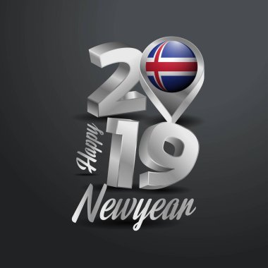 Mutlu yeni yıl 2019 gri tipografi İzlanda bayrağı konumu iğne ile. Ülke bayrağı tasarım