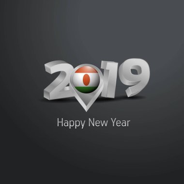 Mutlu yeni yıl 2019 gri tipografi Nijer bayrak konumu iğne ile. Ülke bayrağı tasarım