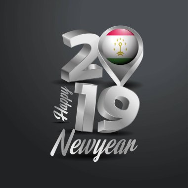 Mutlu yeni yıl 2019 gri tipografi Tacikistan bayrağı konumu iğne ile. Ülke bayrağı tasarım