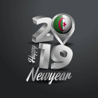 Mutlu yeni yıl 2019 gri tipografi Alegeria bayrak konumu iğne ile. Ülke bayrağı tasarım