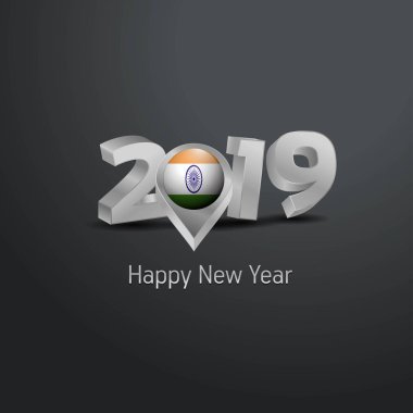 Mutlu yeni yıl 2019 gri tipografi Hindistan bayrağı konumu iğne ile. Ülke bayrağı tasarım