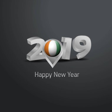 Mutlu yeni yıl 2019 gri tipografi Cote d ile Sahili / Fildişi Sahili bayrak yer Pin. Ülke bayrağı tasarım