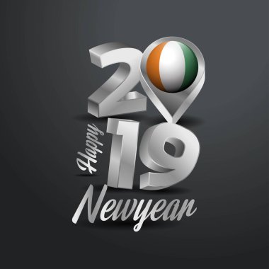 Mutlu yeni yıl 2019 gri tipografi Cote d ile Sahili / Fildişi Sahili bayrak yer Pin. Ülke bayrağı tasarım