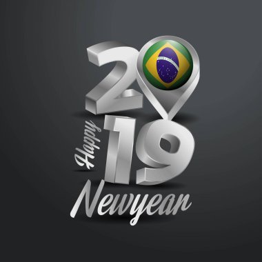 Mutlu yeni yıl 2019 gri tipografi Brezilya bayrağı konumu iğne ile. Ülke bayrağı tasarım