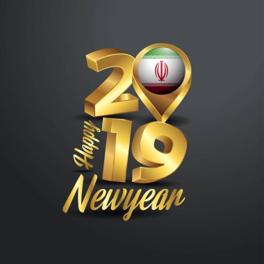 Mutlu yeni yıl 2019 altın tipografi Iran bayrağı konumu iğne ile. Ülke bayrağı tasarım