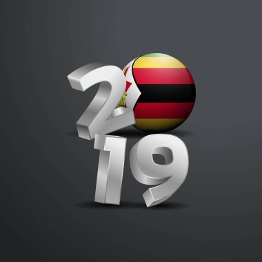 Zimbabve bayrağı ile 2019 gri tipografi. Mutlu yeni yıl yazı