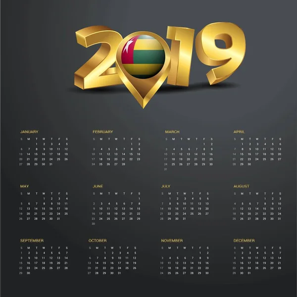 2019 Πρότυπο Ημερολογίου Τόγκο Χώρα Χάρτης Χρυσή Τυπογραφία Κεφαλίδα — Διανυσματικό Αρχείο