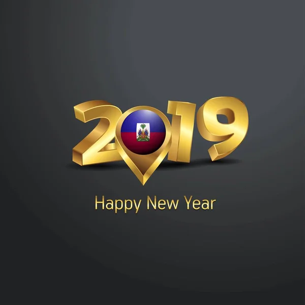 Feliz Ano Novo 2019 Tipografia Dourada Com Pino Localização Bandeira — Vetor de Stock
