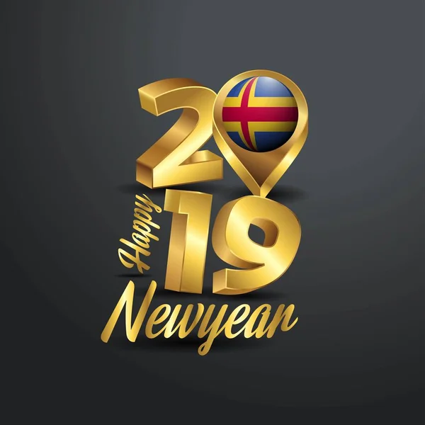 Gott Nytt 2019 Golden Typografi Med Åland Flagga Läge Pin — Stock vektor