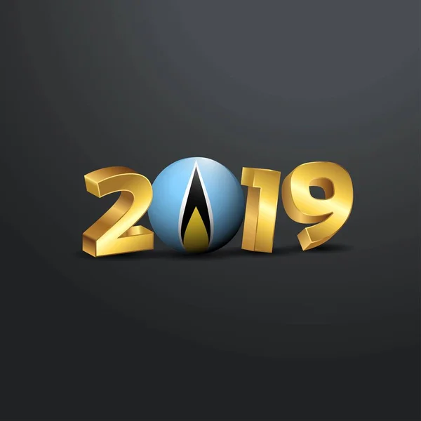 セントルシアの国旗と 2019年黄金文字の体裁 新年あけましておめでとうございますレタリング — ストックベクタ