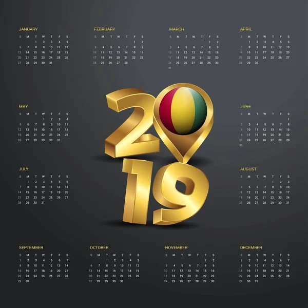 Plantilla Calendario 2019 Tipografía Dorada Con Guinea Mapa Del País — Vector de stock