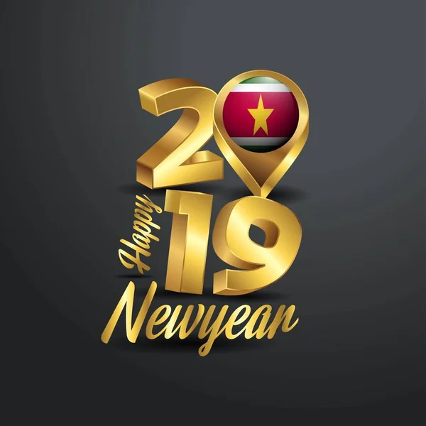 Šťastný Nový Rok 2019 Golden Typografie Surinamská Vlajka Umístění Pin — Stockový vektor