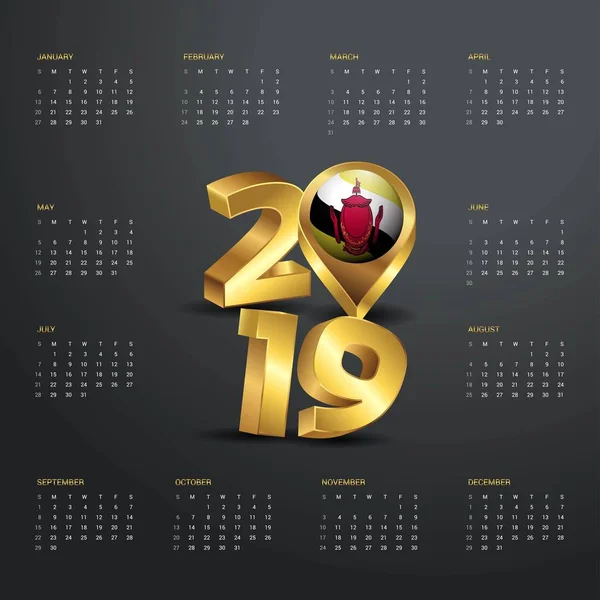 Plantilla Calendario 2019 Tipografía Dorada Con Brunei Mapa Del País — Vector de stock
