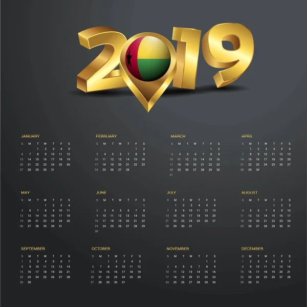 Modello Calendario 2019 Guinea Bissau Carta Geografica Golden Typography Header — Vettoriale Stock